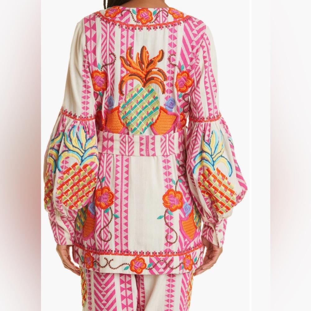 Farm Rio Embroidered jacquard Pink and Cream Belted jacket - Picture 2 of 15